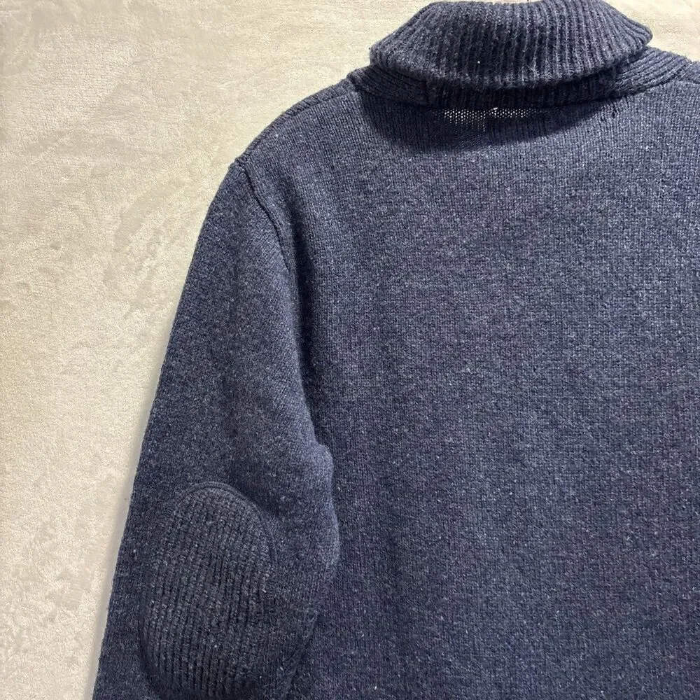 LL Bean Shetland Wool Shawl Collar Sweater Men's Size Large Blue Elbow Patches